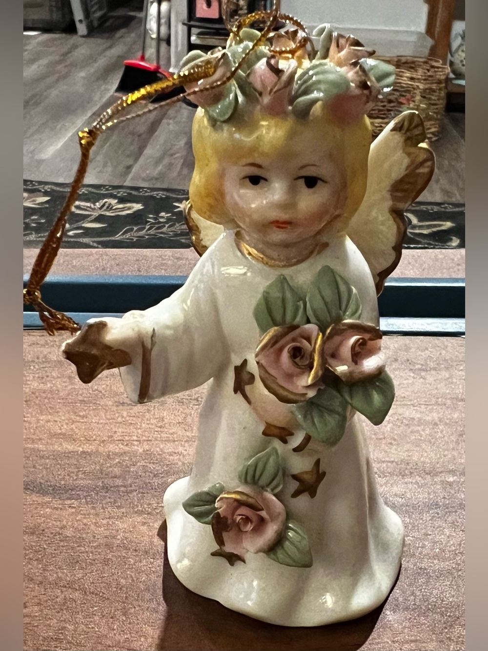 VTG Ceramic Christmas 4" Angel Ornament Holding Pink Roses Gold Trim by Autom